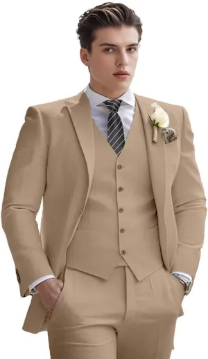 Men's Linen Suit 3 Piece Summer Slim Fit Retro Blazer Suits Set Beach Wedding Party Groomsmen Prom Jacket Vest Pants