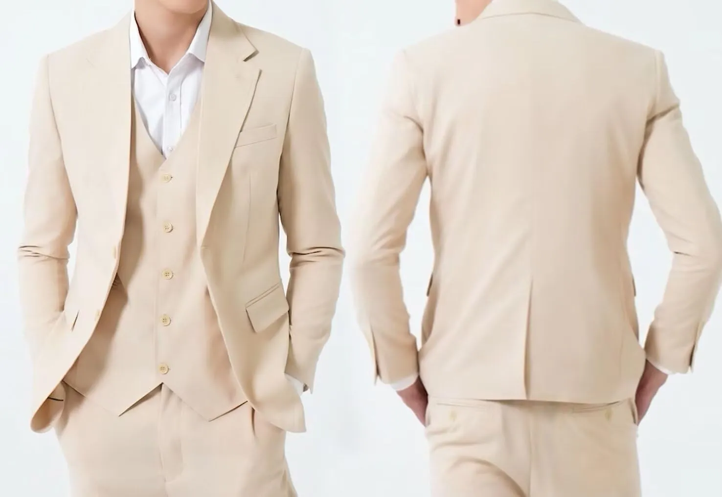 Men's Linen Suit 3 Piece Summer Slim Fit Retro Blazer Suits Set Beach Wedding Party Groomsmen Prom Jacket Vest Pants