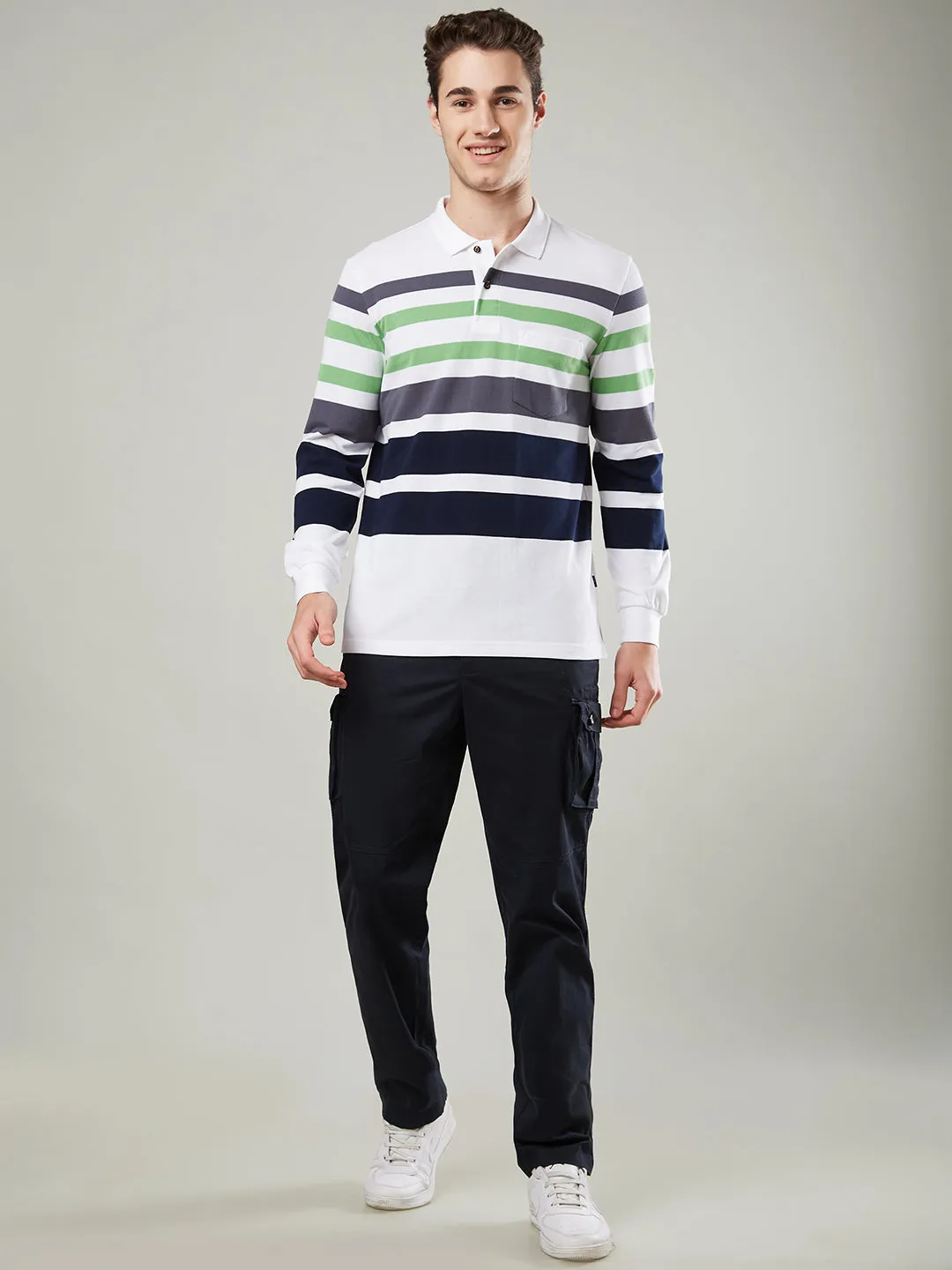 Men's Long-Sleeve Polo Shirt in Striped Piqué Knit
