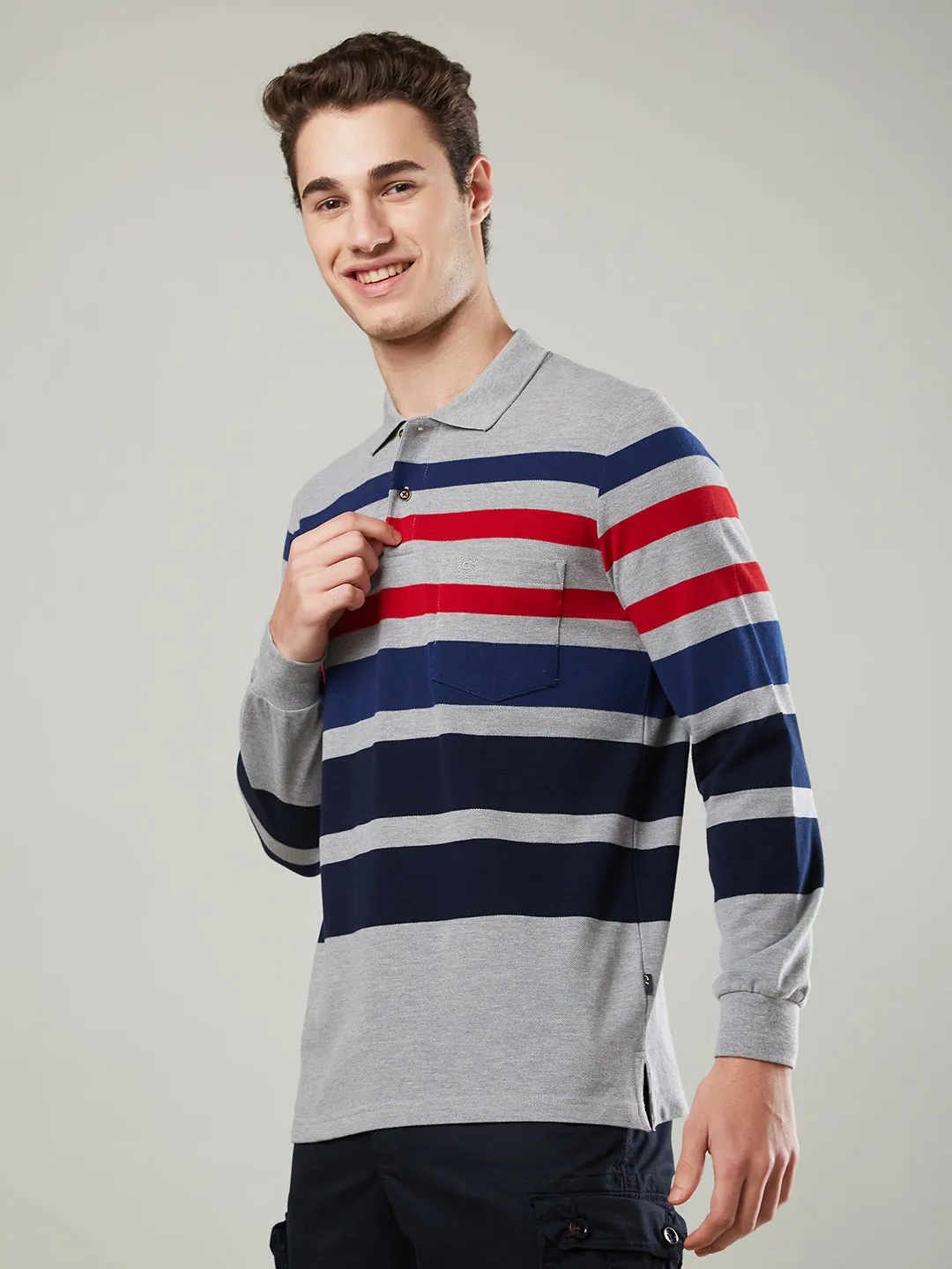 Men's Long-Sleeve Polo Shirt in Striped Piqué Knit