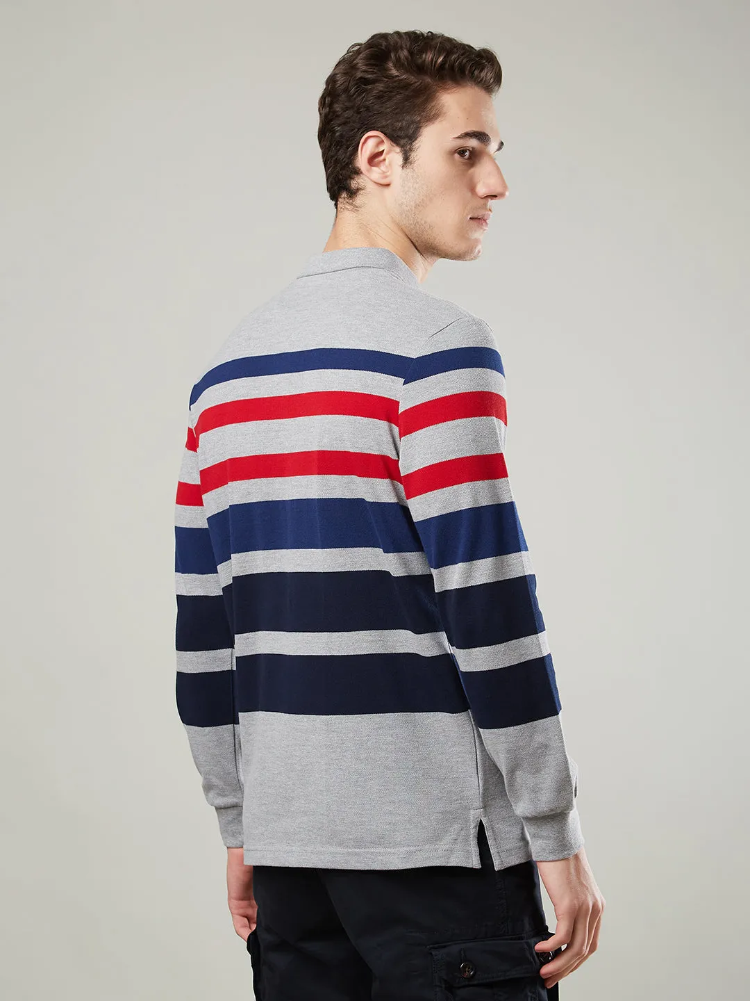 Men's Long-Sleeve Polo Shirt in Striped Piqué Knit