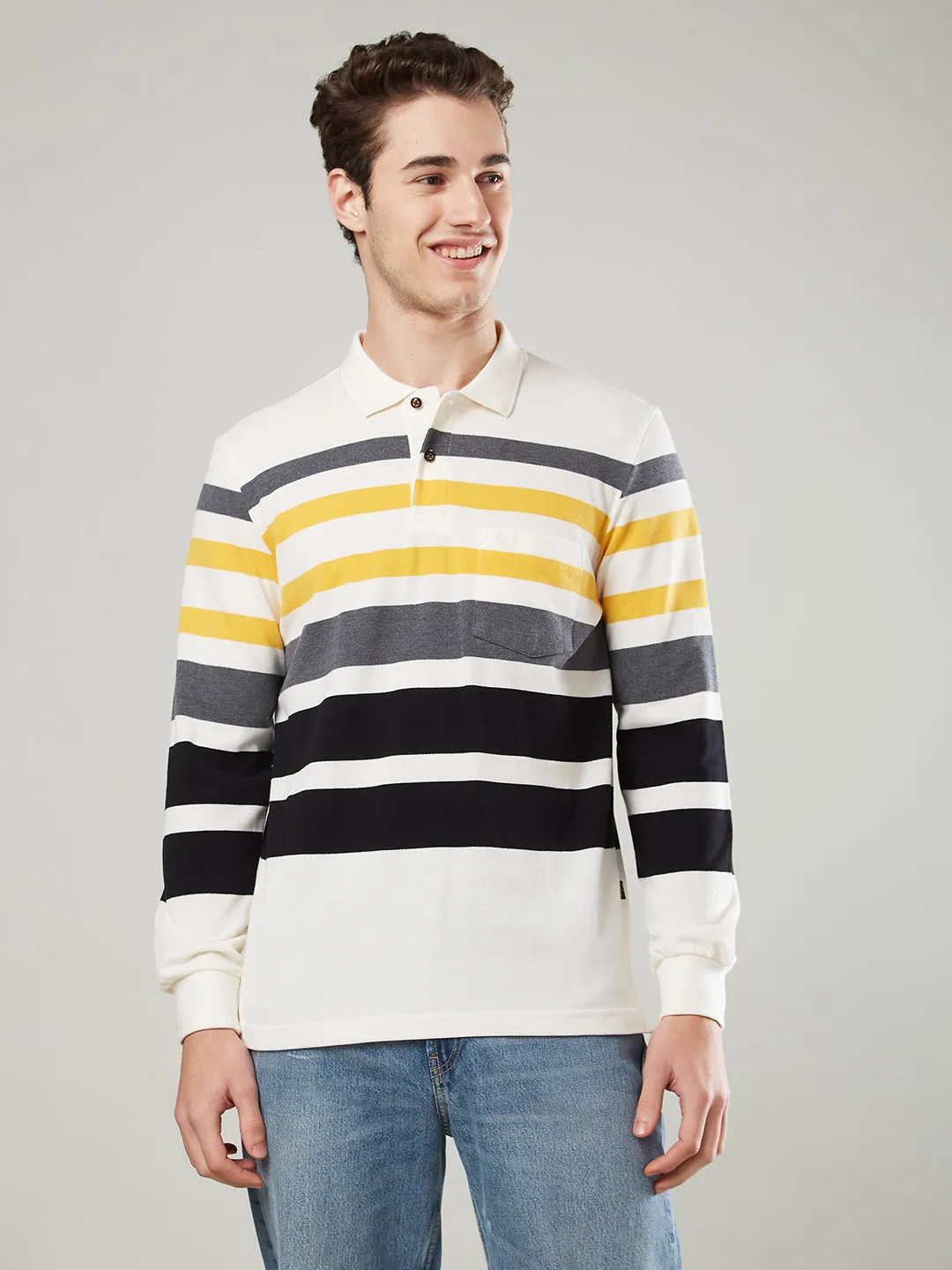 Men's Long-Sleeve Polo Shirt in Striped Piqué Knit