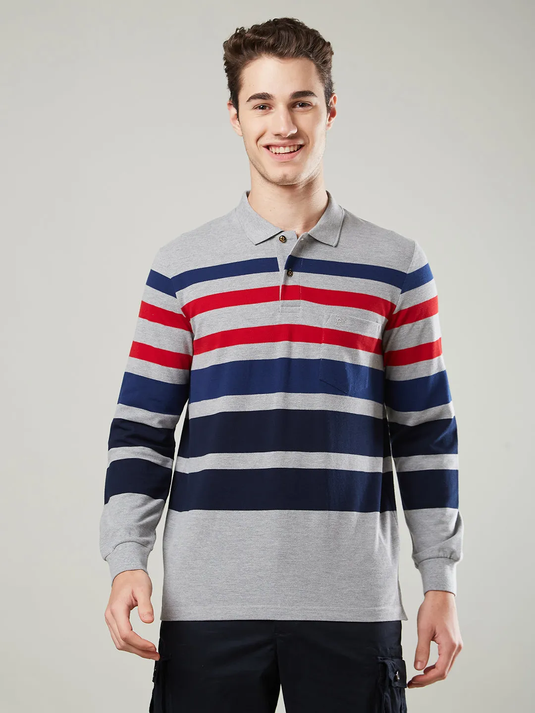 Men's Long-Sleeve Polo Shirt in Striped Piqué Knit