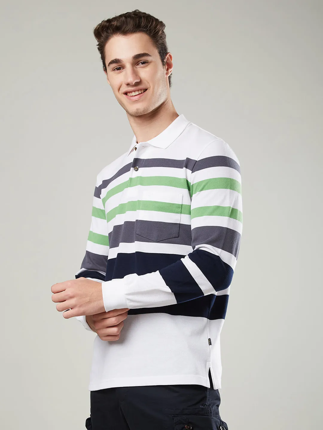 Men's Long-Sleeve Polo Shirt in Striped Piqué Knit