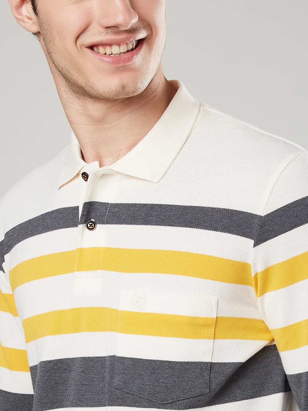 Men's Long-Sleeve Polo Shirt in Striped Piqué Knit