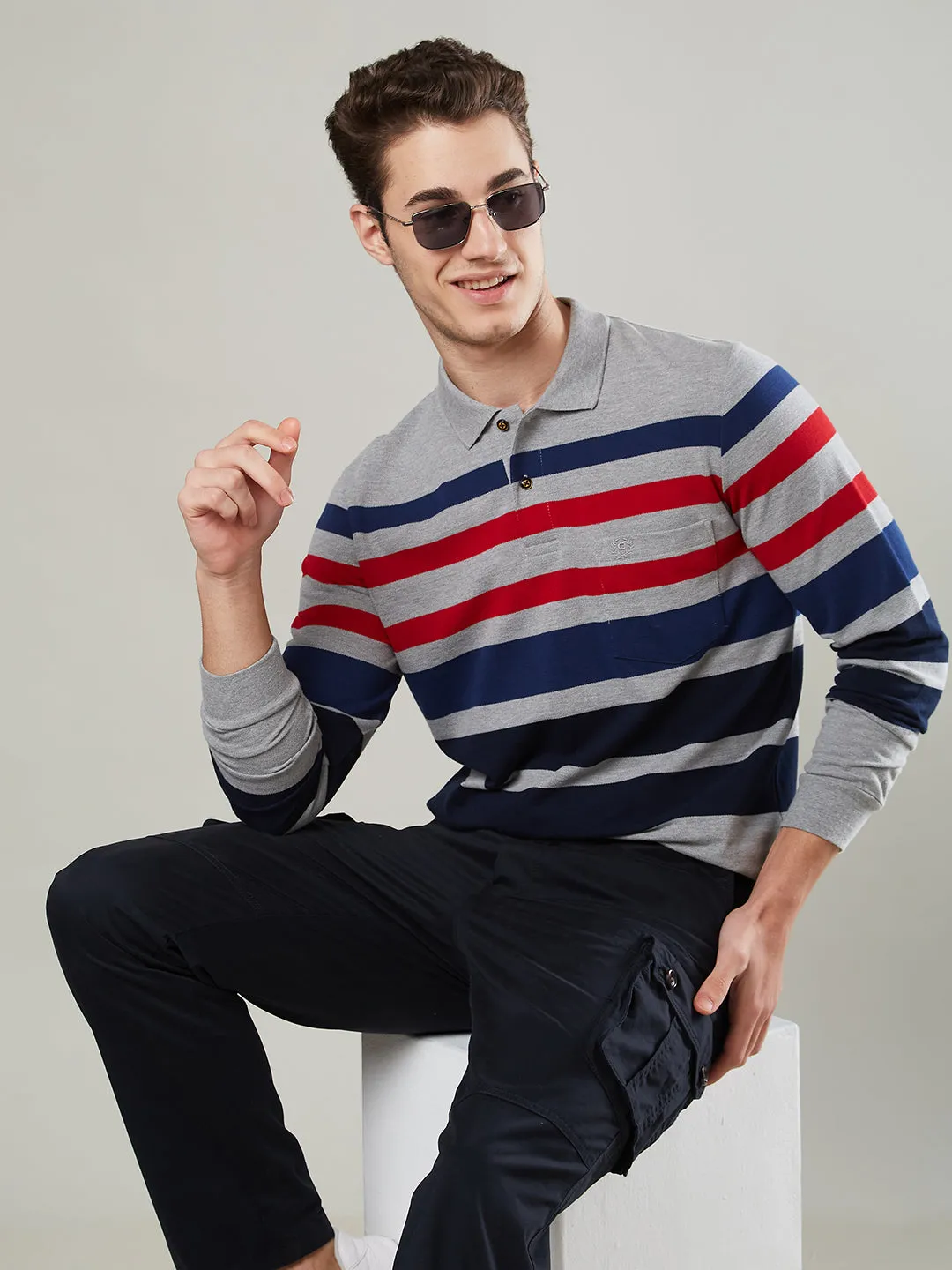 Men's Long-Sleeve Polo Shirt in Striped Piqué Knit