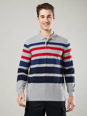 Men's Long-Sleeve Polo Shirt in Striped Piqué Knit