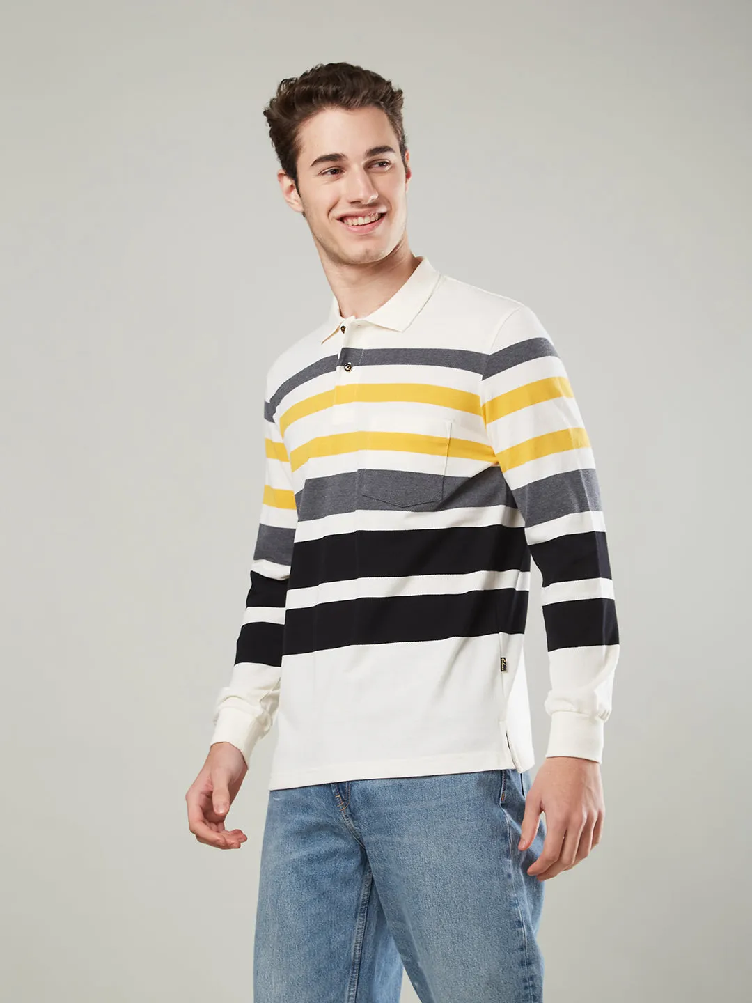 Men's Long-Sleeve Polo Shirt in Striped Piqué Knit