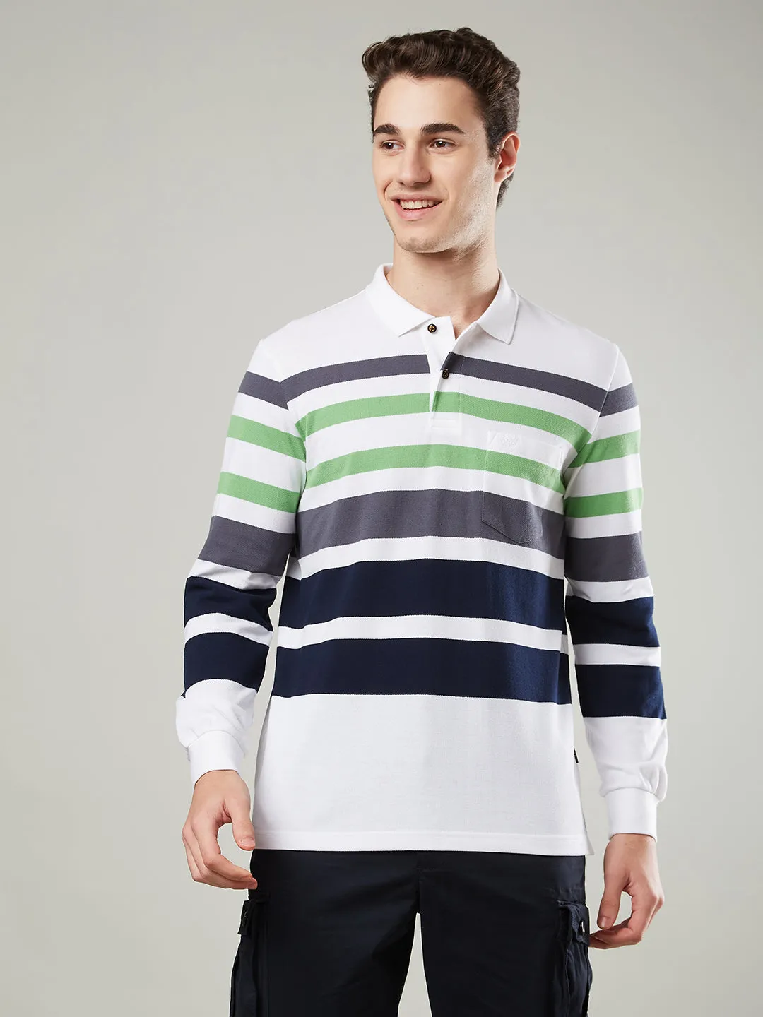 Men's Long-Sleeve Polo Shirt in Striped Piqué Knit