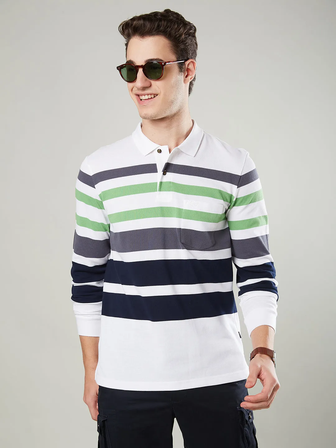Men's Long-Sleeve Polo Shirt in Striped Piqué Knit