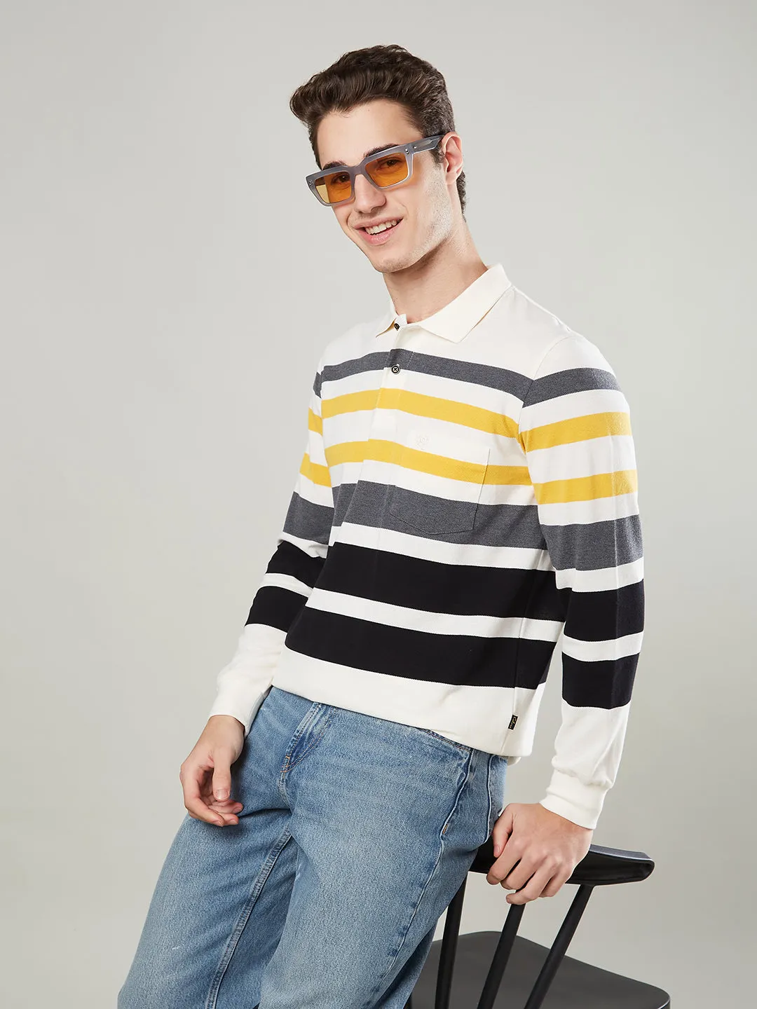 Men's Long-Sleeve Polo Shirt in Striped Piqué Knit