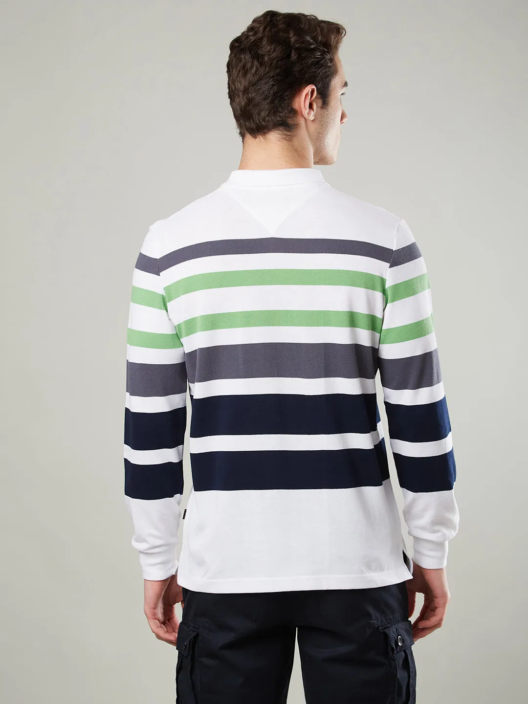 Men's Long-Sleeve Polo Shirt in Striped Piqué Knit