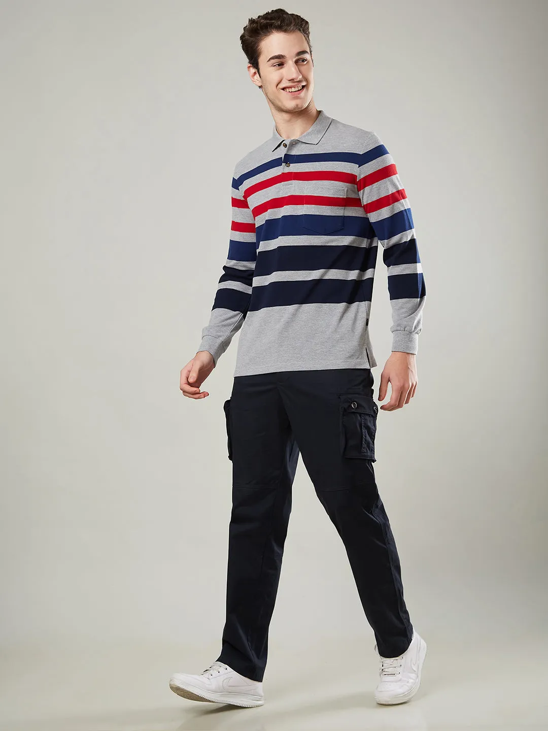 Men's Long-Sleeve Polo Shirt in Striped Piqué Knit
