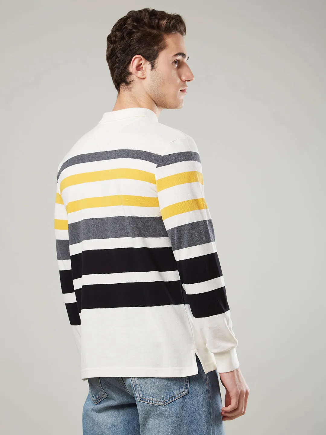 Men's Long-Sleeve Polo Shirt in Striped Piqué Knit