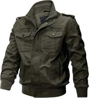 Men's Multi Pockets Cotton Cargo Jackets Zip Front Stand Collar Military Jackets Casual Loose Bomber Jacket