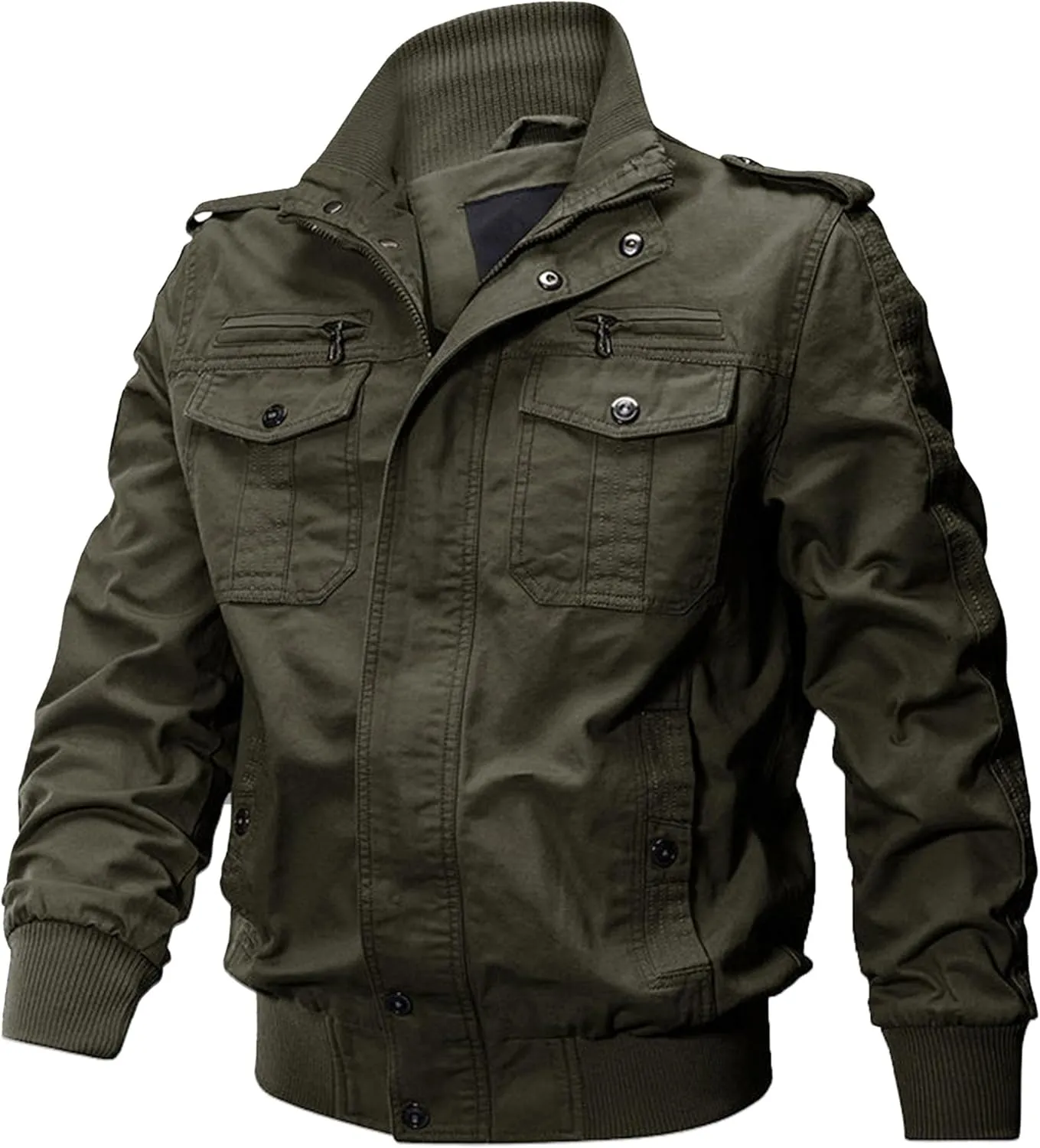 Men's Multi Pockets Cotton Cargo Jackets Zip Front Stand Collar Military Jackets Casual Loose Bomber Jacket