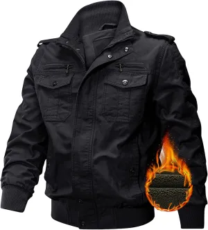 Men's Multi Pockets Cotton Cargo Jackets Zip Front Stand Collar Military Jackets Casual Loose Bomber Jacket