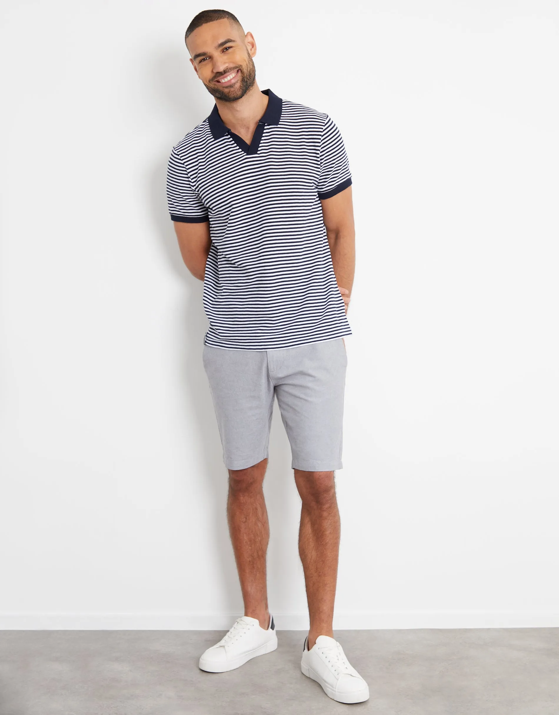 Men's Navy & White Stripe Open Neck Collar Polo Shirt
