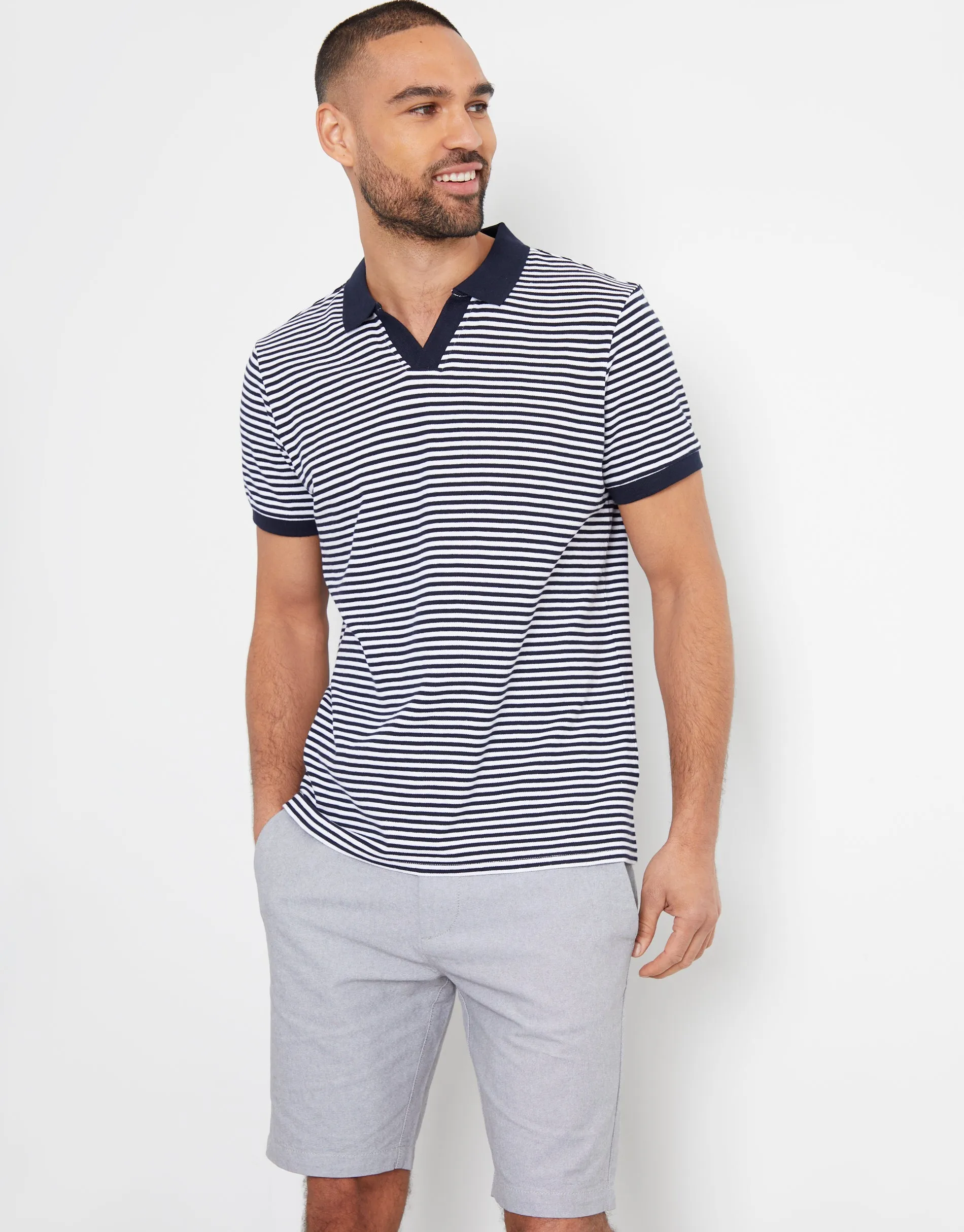 Men's Navy & White Stripe Open Neck Collar Polo Shirt