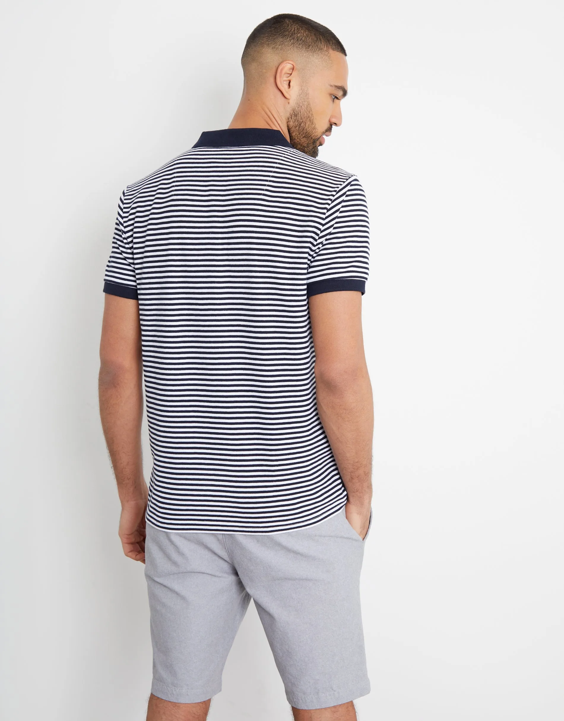 Men's Navy & White Stripe Open Neck Collar Polo Shirt