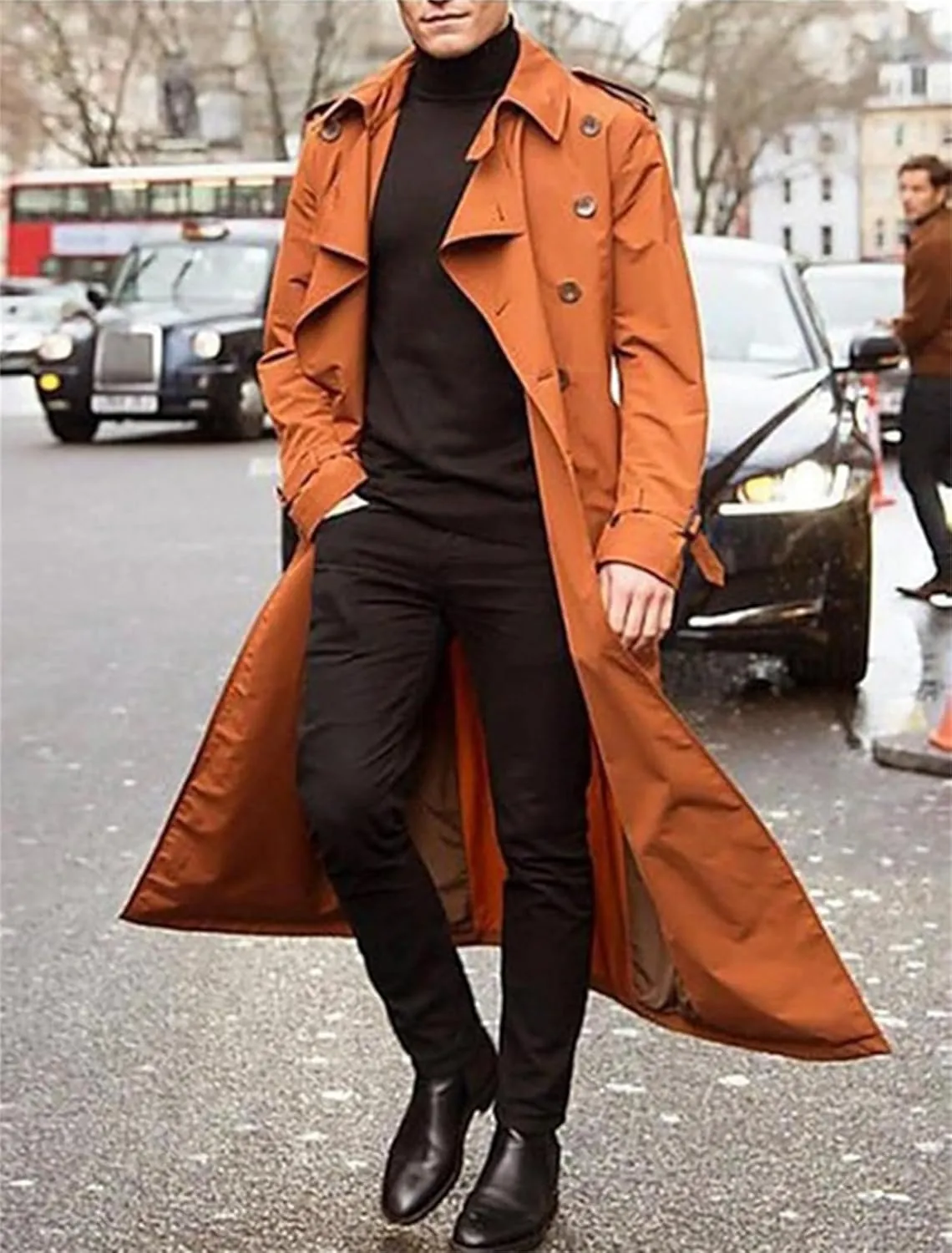 Mens Notch Lapel Mid-Length Peacoat Single Breasted Wool Blend Overcoat Solid Color Casual Style with Multiple Pockets