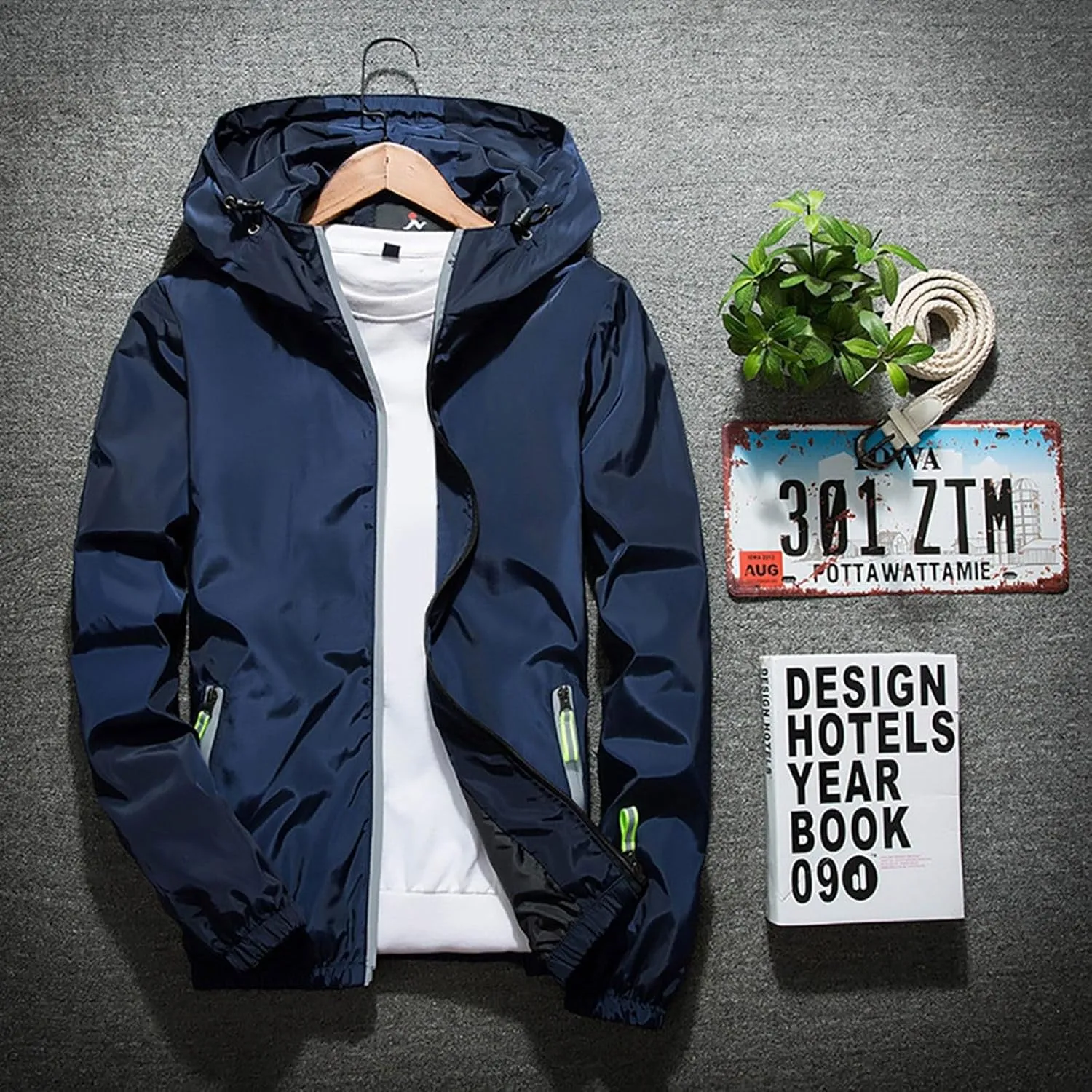 Men's Rain Jacket Casual Zip Up Lightweight Jackets Waterproof Windbreaker Hooded Raincoat for Golf Hiking Travel