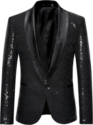 Men's Sequins Suit Jacket Slim Fit Shawl Lapel Blazer Sport Coats 1 Button Tuxedo Jackets for Prom Party Dinner