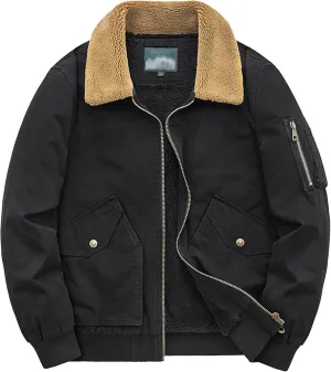 Men's Sherpa Lined Cotton Cargo Jacket Fur Collar Windproof Fleece Bomber Jacket Warm Winter Casual Padded Coats