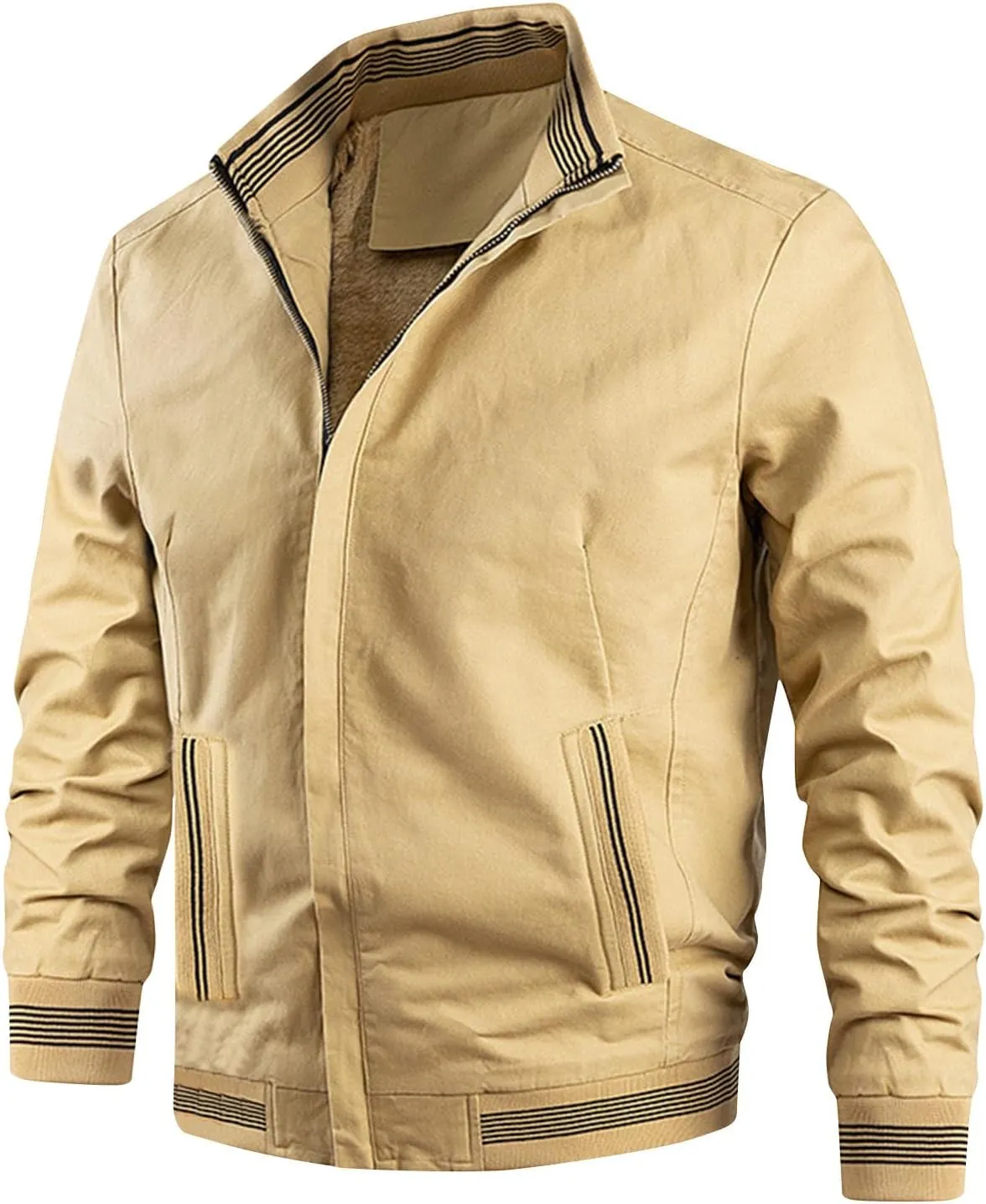 Mens Sherpa Lined Jacket Full-Zip Winter Stand Collar Bomber Jacket Outdoor Recreation Work Cargo Outerwear with Pocket