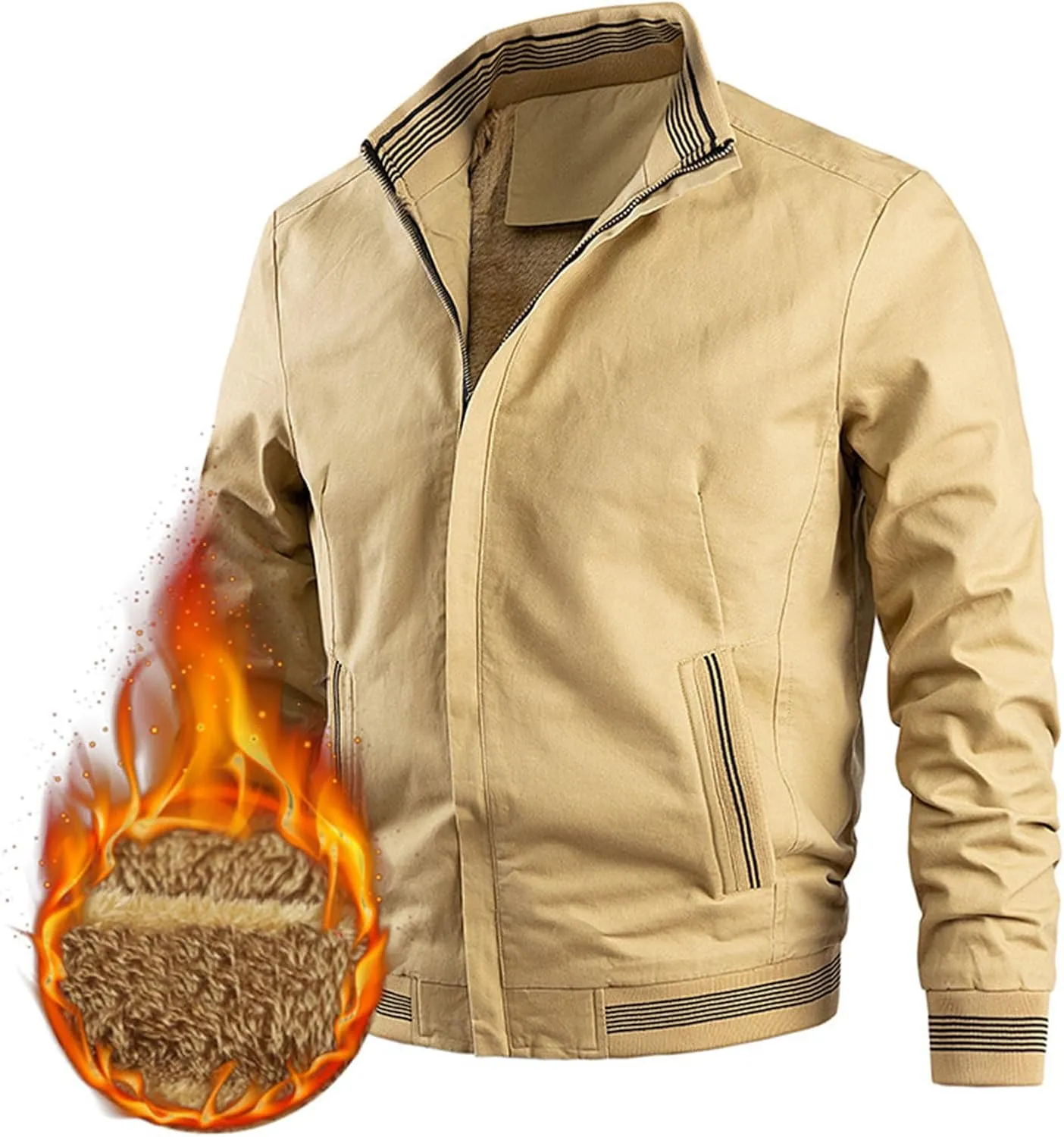 Mens Sherpa Lined Jacket Full-Zip Winter Stand Collar Bomber Jacket Outdoor Recreation Work Cargo Outerwear with Pocket