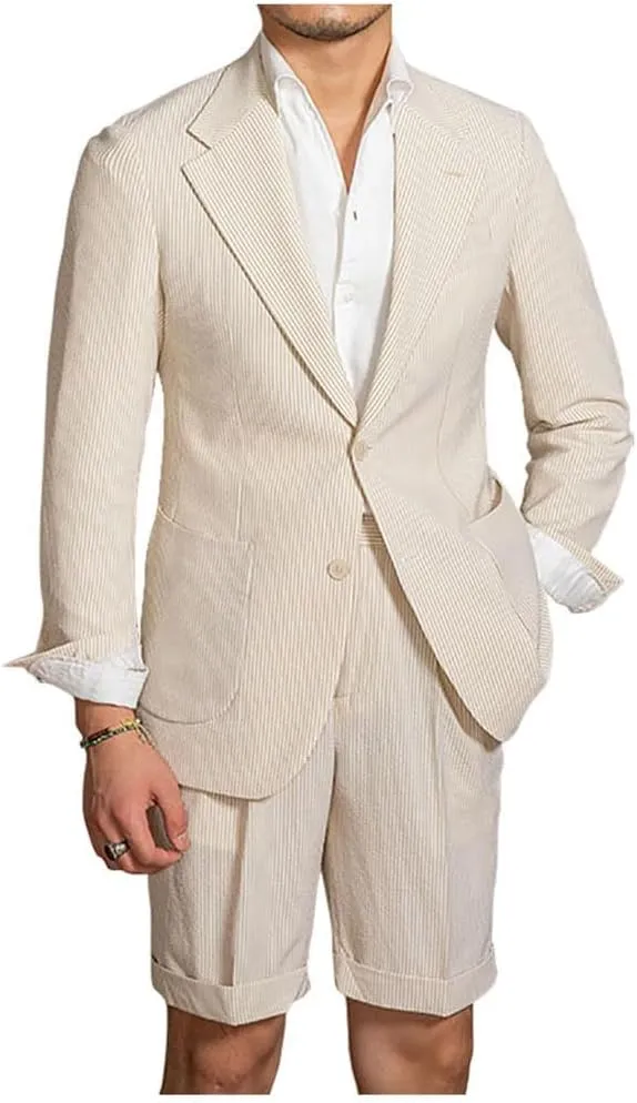 Mens Short Seersucker Suit Casual Striped Summer Beach Wedding Grooms Lightweight Blazer Jacket Shorts 2 Piece Set