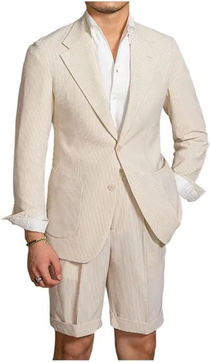 Mens Short Seersucker Suit Casual Striped Summer Beach Wedding Grooms Lightweight Blazer Jacket Shorts 2 Piece Set