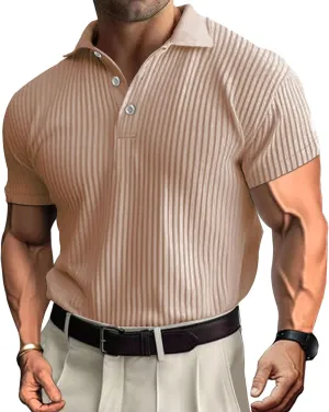 Men's Short Sleeve Ribbed Fashion Polo Shirt Casual Lightweight Polo Tee Shirts Button Golf Summer Polo Shirts