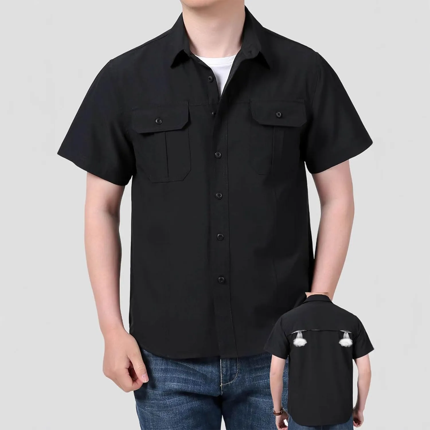 Men's Short Sleeve Shirt Button Down Casual Woven Two Chest Pockets Quick Dry Fishing Safari Hiking Lightweight Shirts