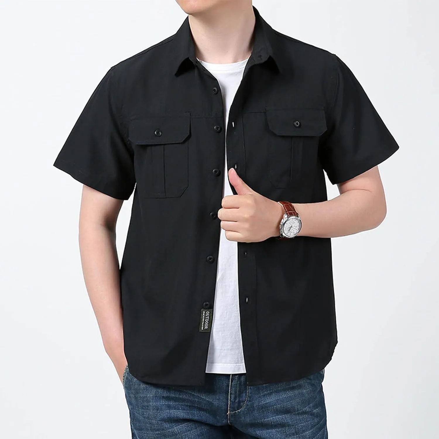 Men's Short Sleeve Shirt Button Down Casual Woven Two Chest Pockets Quick Dry Fishing Safari Hiking Lightweight Shirts