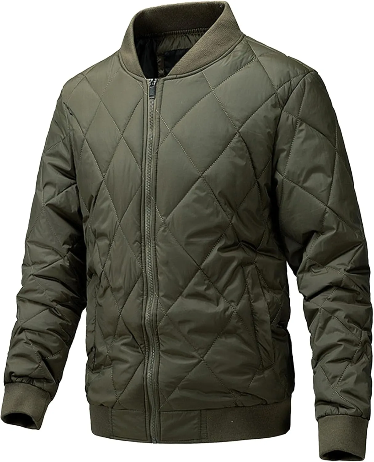Men's Slim Fit Diamond Bomber Jacket Winter Full Zipper Quilted Lined Padded Jacket Windproof Casual Varsity Coat
