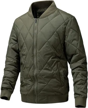 Men's Slim Fit Diamond Bomber Jacket Winter Full Zipper Quilted Lined Padded Jacket Windproof Casual Varsity Coat