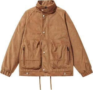 Men's Solid Color Flight Bomber Jacket Stand Collar Cotton Cargo Jacket with Pocket Casual Loose Padded Coats