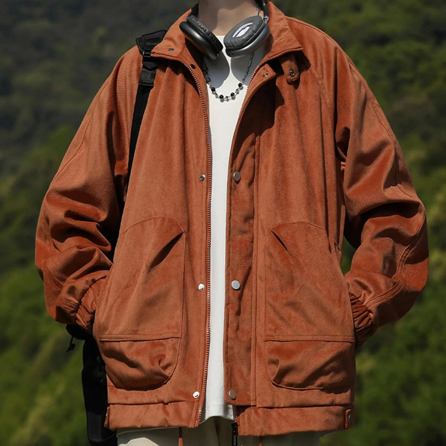 Men's Solid Color Flight Bomber Jacket Stand Collar Cotton Cargo Jacket with Pocket Casual Loose Padded Coats