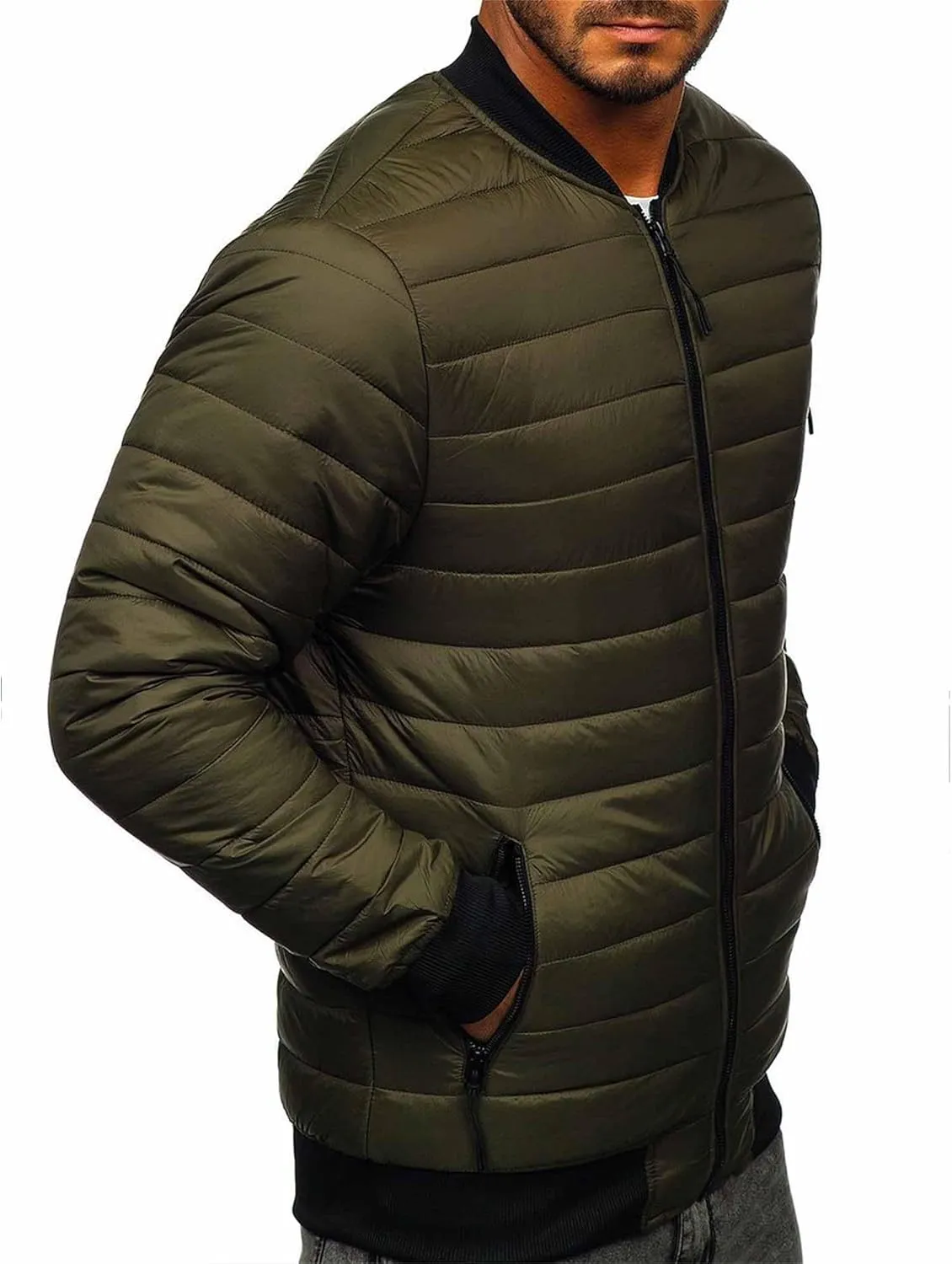 Men's Stand Collar Flight Bomber Jacket Diamond Quilted Lightweight Varsity Jackets Winter Warm Padded Outwear