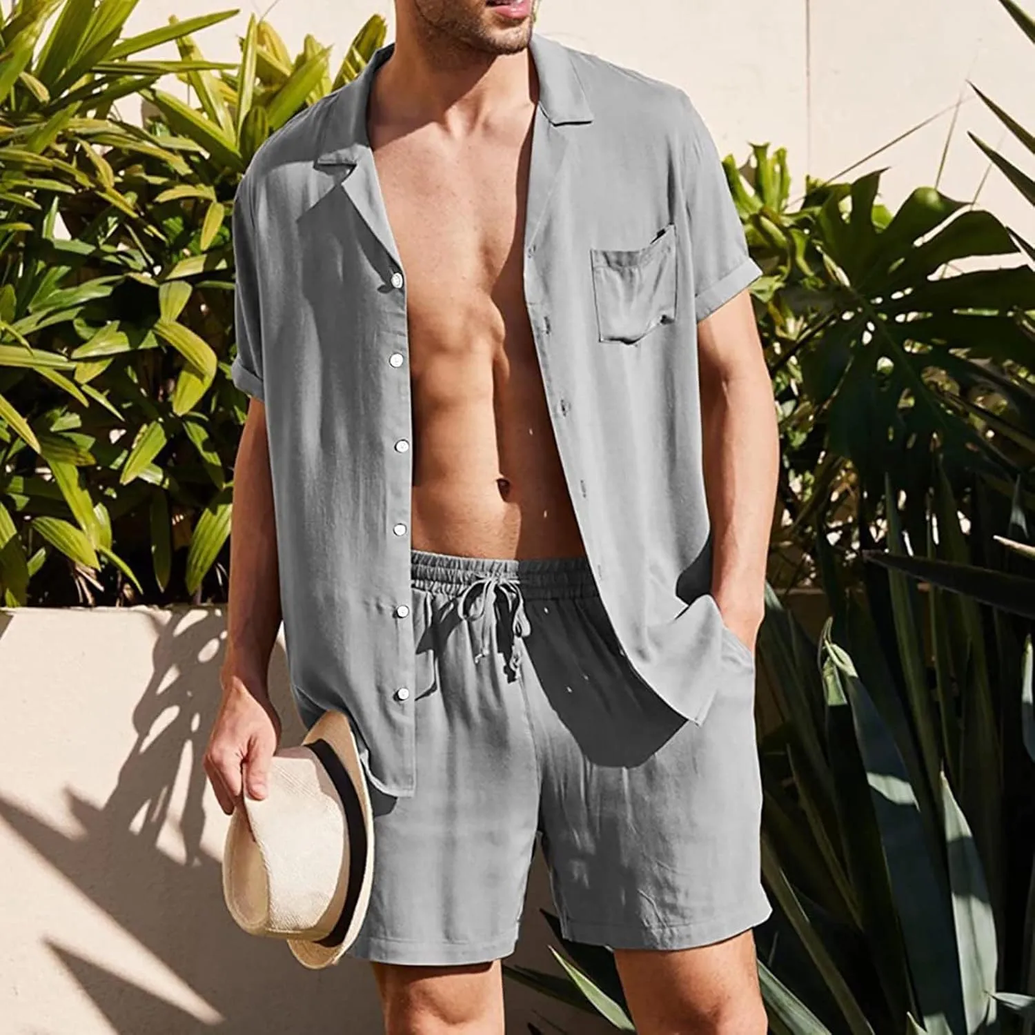Mens Summer Linen Tracksuits 2 Piece Short Set Outfits, Casual Beach Button Down Shirts & Shorts Summer Breathable Suits