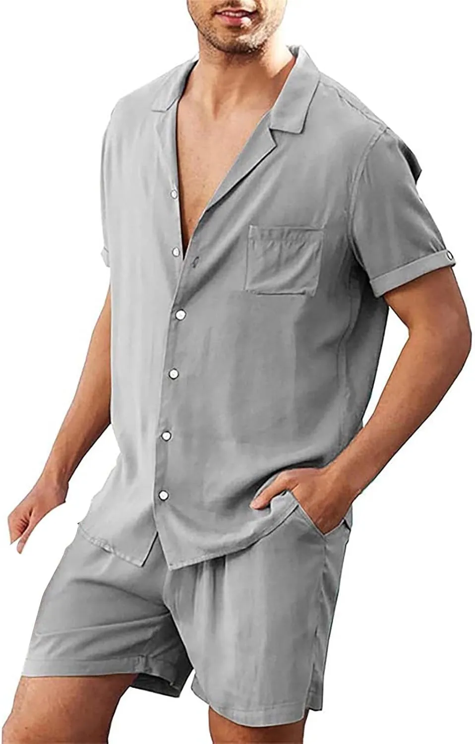 Mens Summer Linen Tracksuits 2 Piece Short Set Outfits, Casual Beach Button Down Shirts & Shorts Summer Breathable Suits