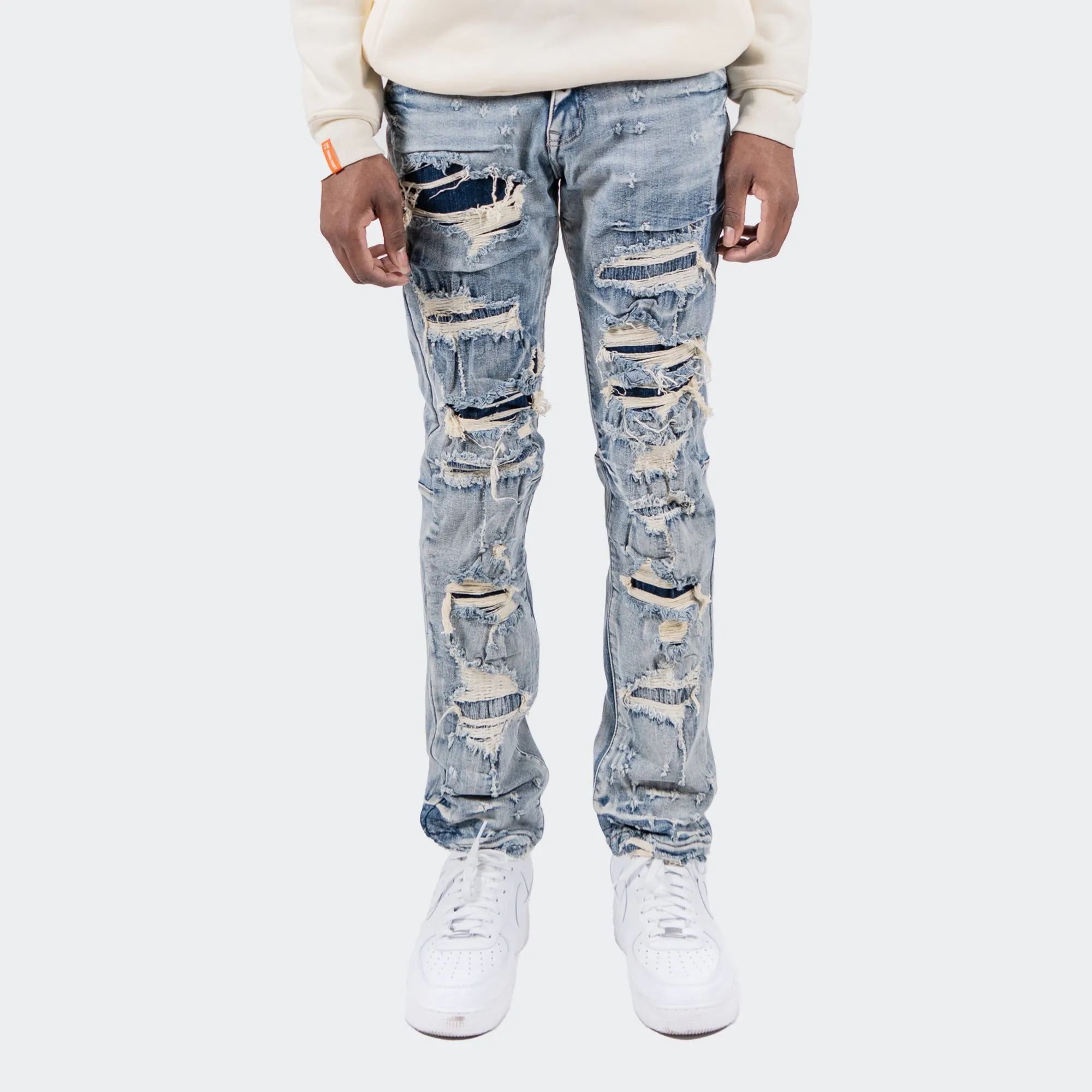 Men's TWO MILL TWENTY "Wrigley" Rip Torn Destroyed Skinny Denim Jeans Aspen Blue