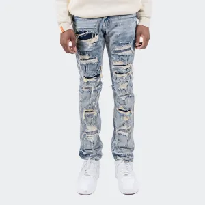 Men's TWO MILL TWENTY "Wrigley" Rip Torn Destroyed Skinny Denim Jeans Aspen Blue