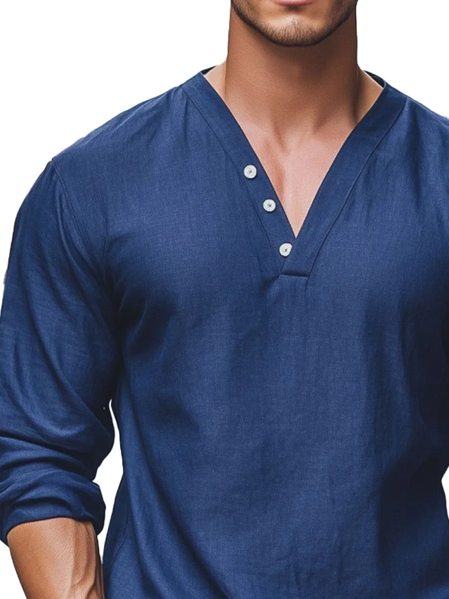 Men's V-Neck Solid Color Long-Sleeved Shirt