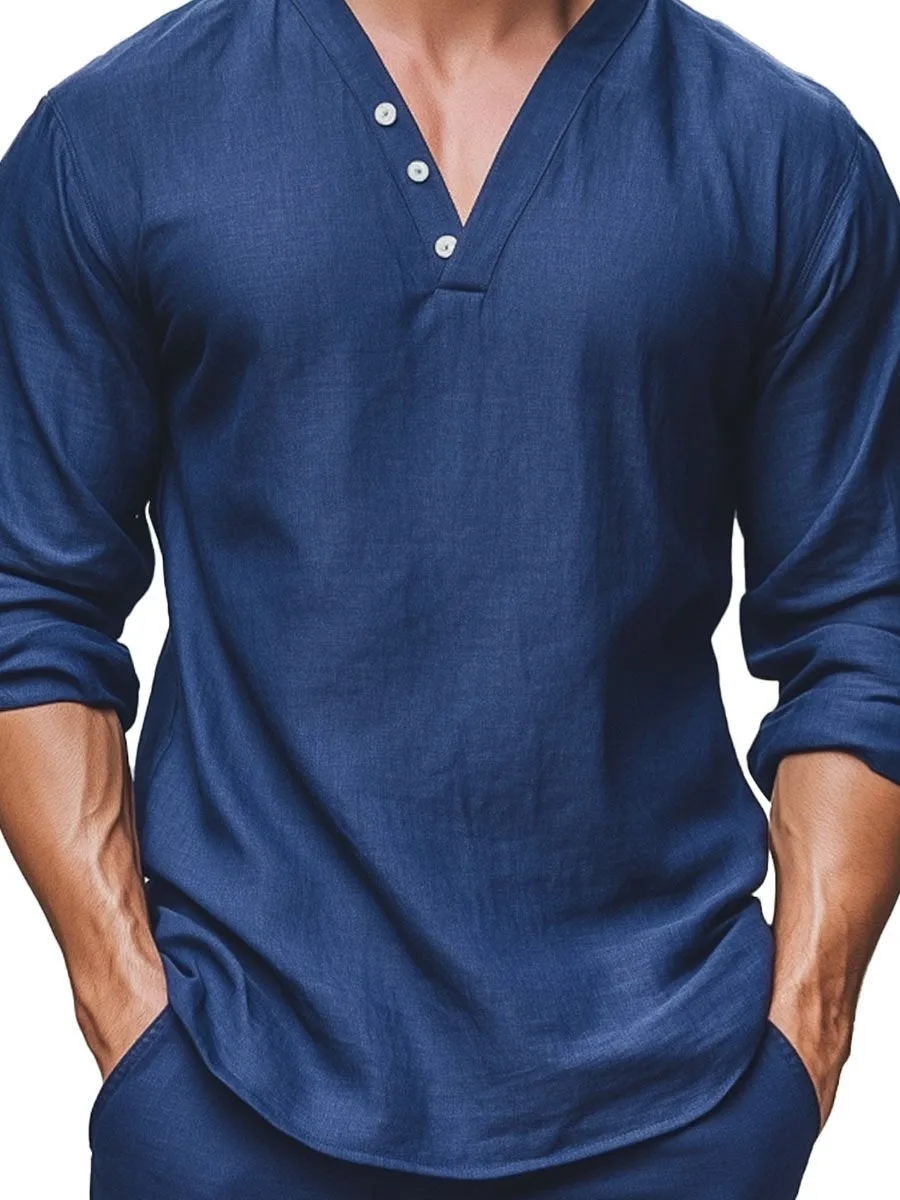 Men's V-Neck Solid Color Long-Sleeved Shirt