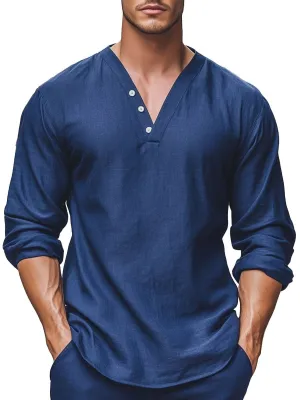 Men's V-Neck Solid Color Long-Sleeved Shirt