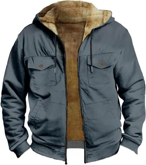 Men's Winter Jacket Hooded Sweater with Brown Pocket Cotton Jacket Hooded Windproof Windbreaker Jacket for Men