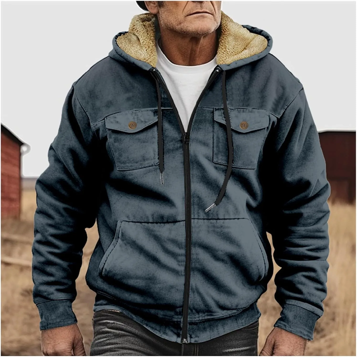 Men's Winter Jacket Hooded Sweater with Brown Pocket Cotton Jacket Hooded Windproof Windbreaker Jacket for Men