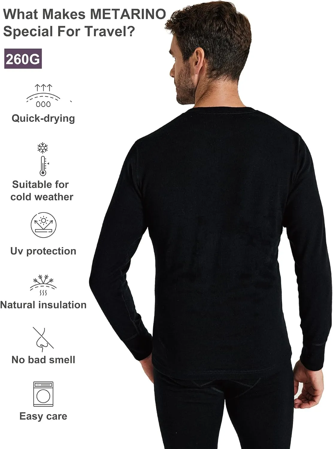 METARINO Men's 100% Merino Wool Base Layer Shirt Long Sleeve Thermal Underwear for Hiking Travel Skiing